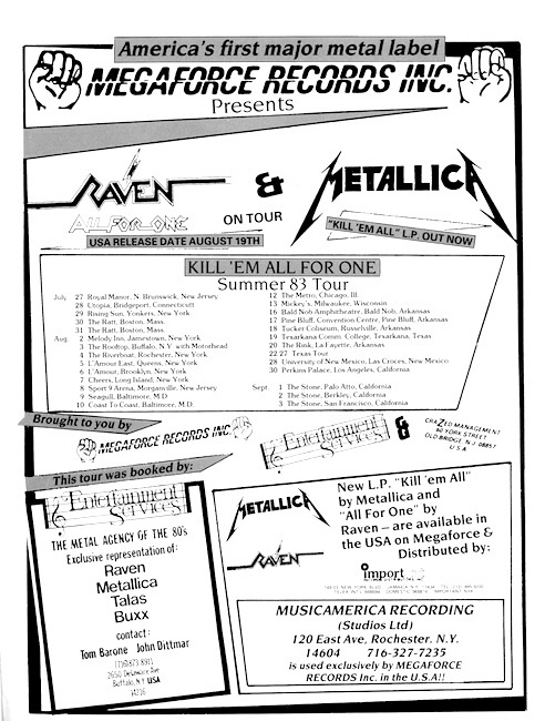 Cartaz de divulgação da turnê americana do Raven em 1983, com o Metallica na abertura